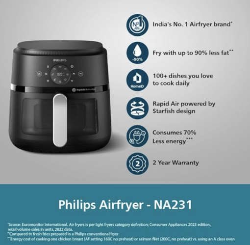 PHILIPS Air Fryer NA231/00 with touch panel, uses up to 90% less fat, 1700W, 6.2 Liter, with Rapid Air Technology (Black),Cooking window, Extra Large - Image 2